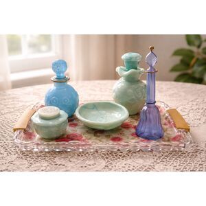 Vintage Pastel Vanity Set with Floral Tray, Avon Bottles & Blue Perfume Bottle